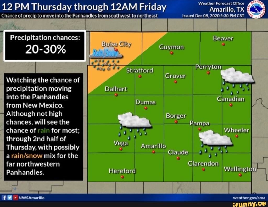12 PM Thursday through 12AM Friday Chance of precip to move into the