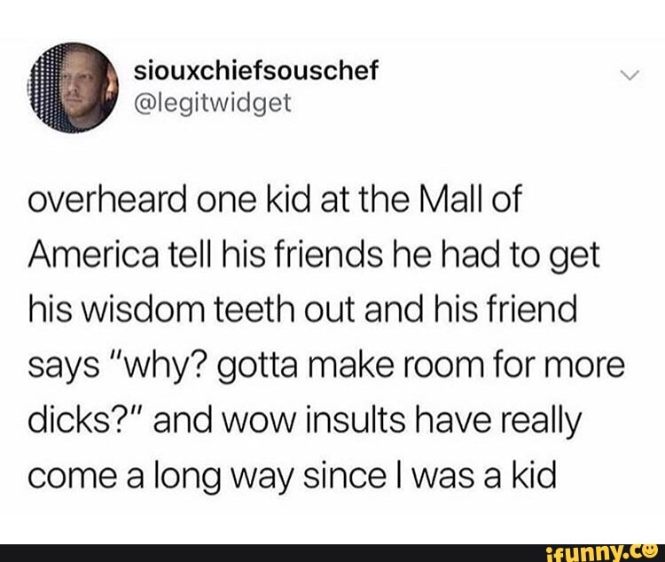 overheard one kid at the Mall of
America tell his friends he had to get
his Wisdom teeth out and his friend
says ”Why? gotta make room for more
dicks?“ and WOW insults have really
come a long way since I was a kid