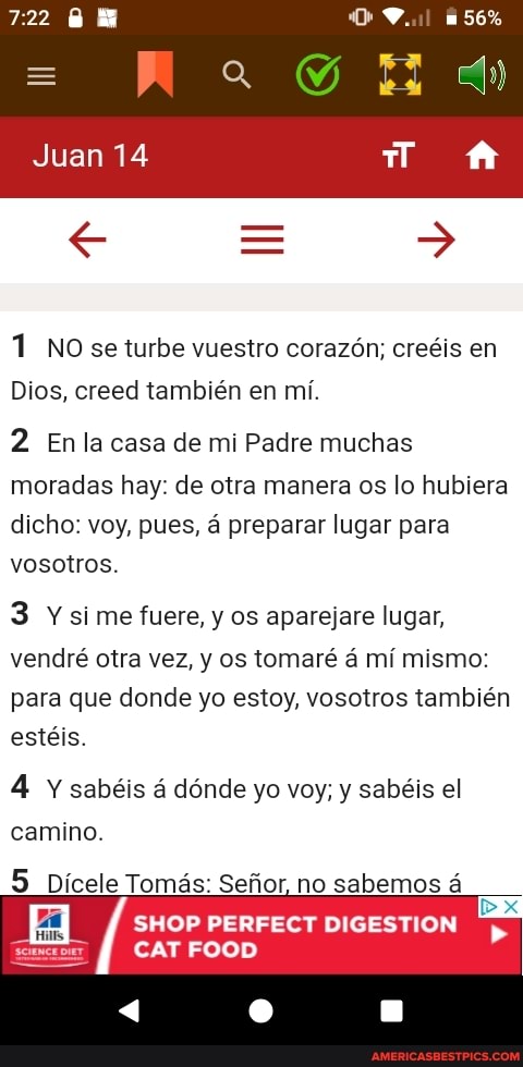 722
Juan 14
< =
NO se turbe vuestro corazón; creéis en
Dios, creed también en mí.
2 En la casa de mi Padre muchas moradas hay: de otra manera os lo hubiera dicho: voy, pues, á preparar lugar para vosotros.
3 Y si me fuere, y os aparejare lugar, vendré otra vez, y os tomaré á mí mismo: para que donde yo estoy, vosotros también estéis.
Y sabéis á dónde yo voy; y sabéis el camino.
cele Tomás: Señor, no no sabemos á
SHOP PERFECT DIGESTION
CAT FOOD