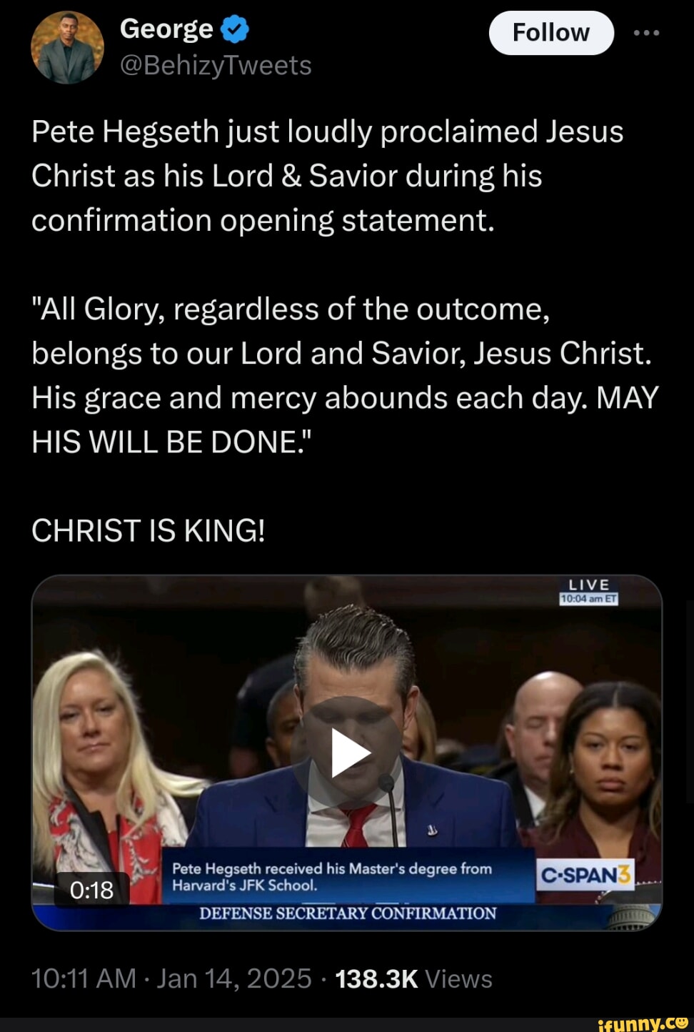 GY Pete Hegseth just loudly proclaimed Jesus Christ as his Lord