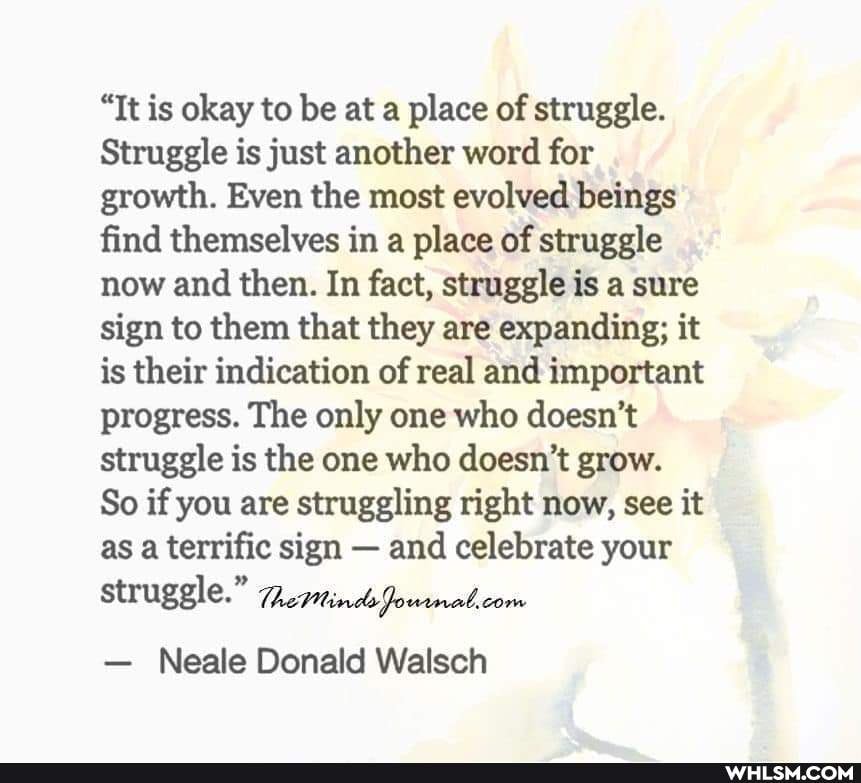 "It is okay to be at a place of struggle.
Struggle is just another word for growth. Even the most evolved beings find themselves in a place of struggle now and then. In fact, struggle is a sure sign to them that they are expanding; it is their indication of real and important progress. The only one who doesn't struggle is the one who doesn't grow.
So if you are struggling right now, see it as a terrific sign - and celebrate your struggle."
- Neale Donald Walsch