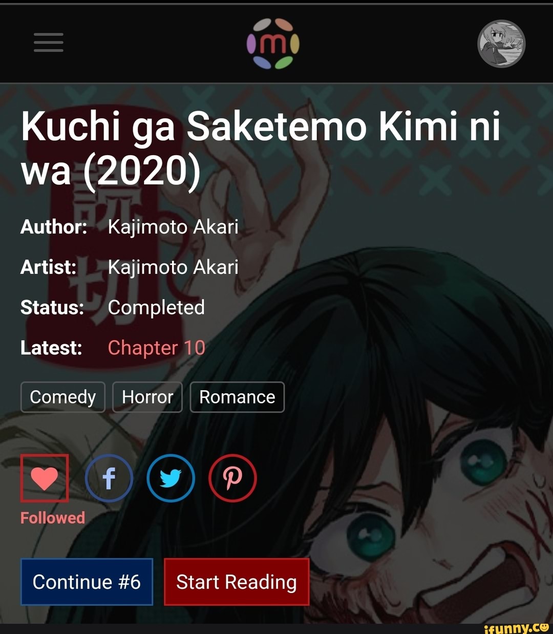 OS
Kuchi ga Saketemo Kimi ni wa (2020)
Author: Kajimoto Akari
Artist: Kajimoto Akari
Status: Completed
Latest: Chapter 10
Comedy Horror II Romance
Followed
Continue #6 I Start Reading