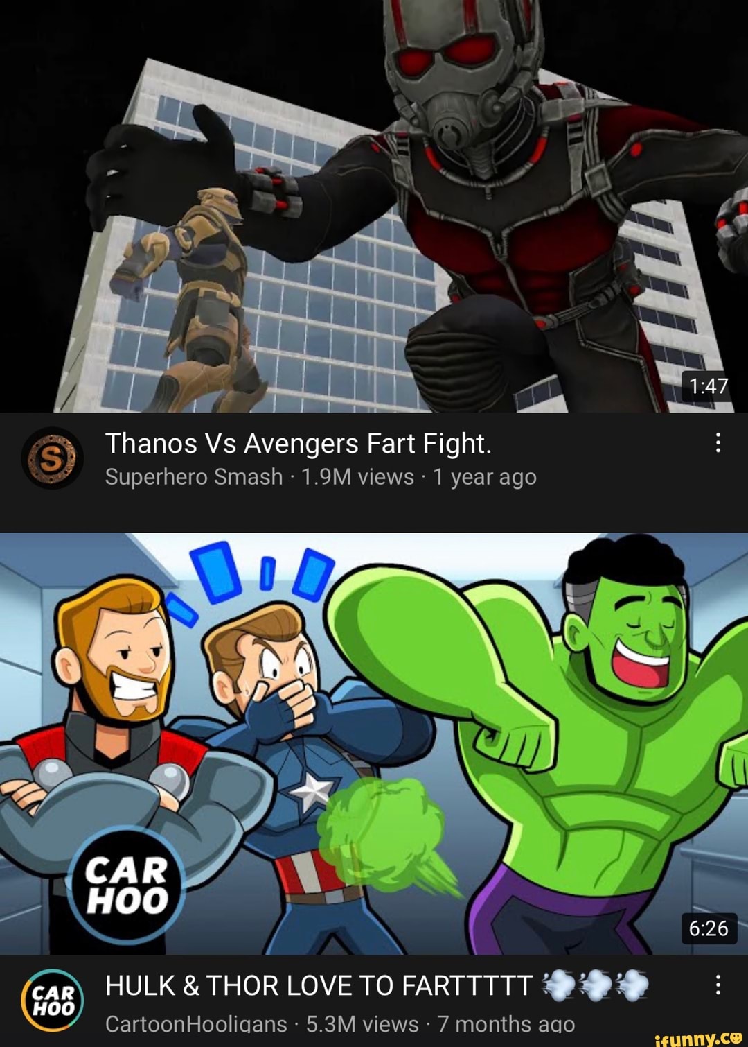Thanos Vs Avengers Fart Fight. Superhero Smash  views - 1 year ago  CAR HOO car HULK & THOR LOVE TO FARTTTTT CartoonHooliaans  views 7  months ago 