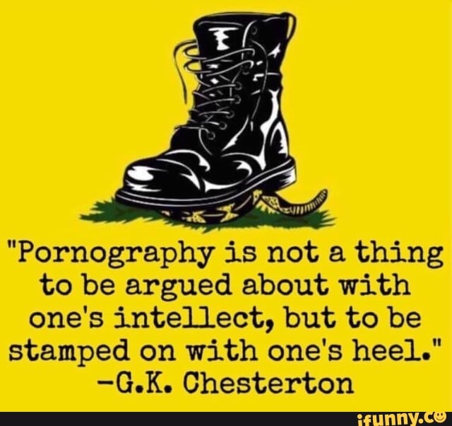 "Pornography is not a thing
to be argued about with
one's intellect, but to be
stamped on with one's heel."
-G.K. Chesterton