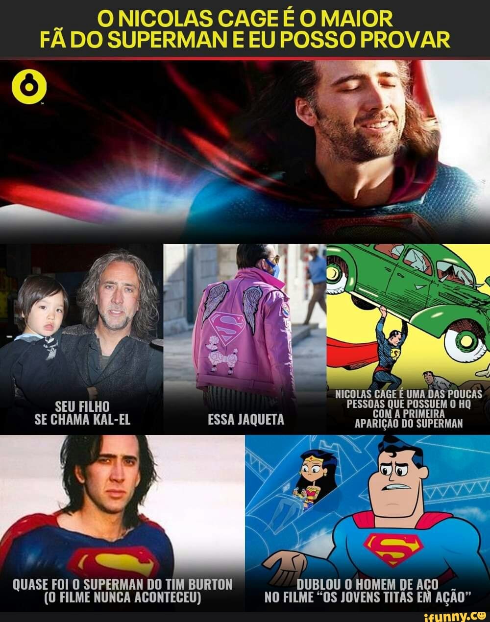 -ONICOLAS CAGE É O MAIOR FÃ DO SUPERMAN E EU POSSO PROVAR
NICOLAS CÁGE PESSOAS QUE UMA DAS HQ POUCAS SEU FILHO PESSOAS QUE PÍ HQ
SEU FILHO SE CHAMA KAL-EL ESSA JAQUETA APARIÇÃO DO SUPERMAN
QUASE FOI O SUPERMAN DO TIM BURTON DUBLOU O HOMEM DE AÇO
(O FILME NUNCA ACONTECEU) NO FILME "OS JOVENS TITAS EM AÇÃO