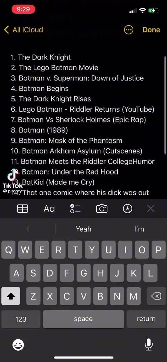 GD AlliCloud Done 1. The Dark Knight 2. The Lego Batman Movie 3. Batman v.  Superman: Dawn of Justice 4. Batman Begins 5. The Dark Knight Rises 6. Lego  Batman - Riddler