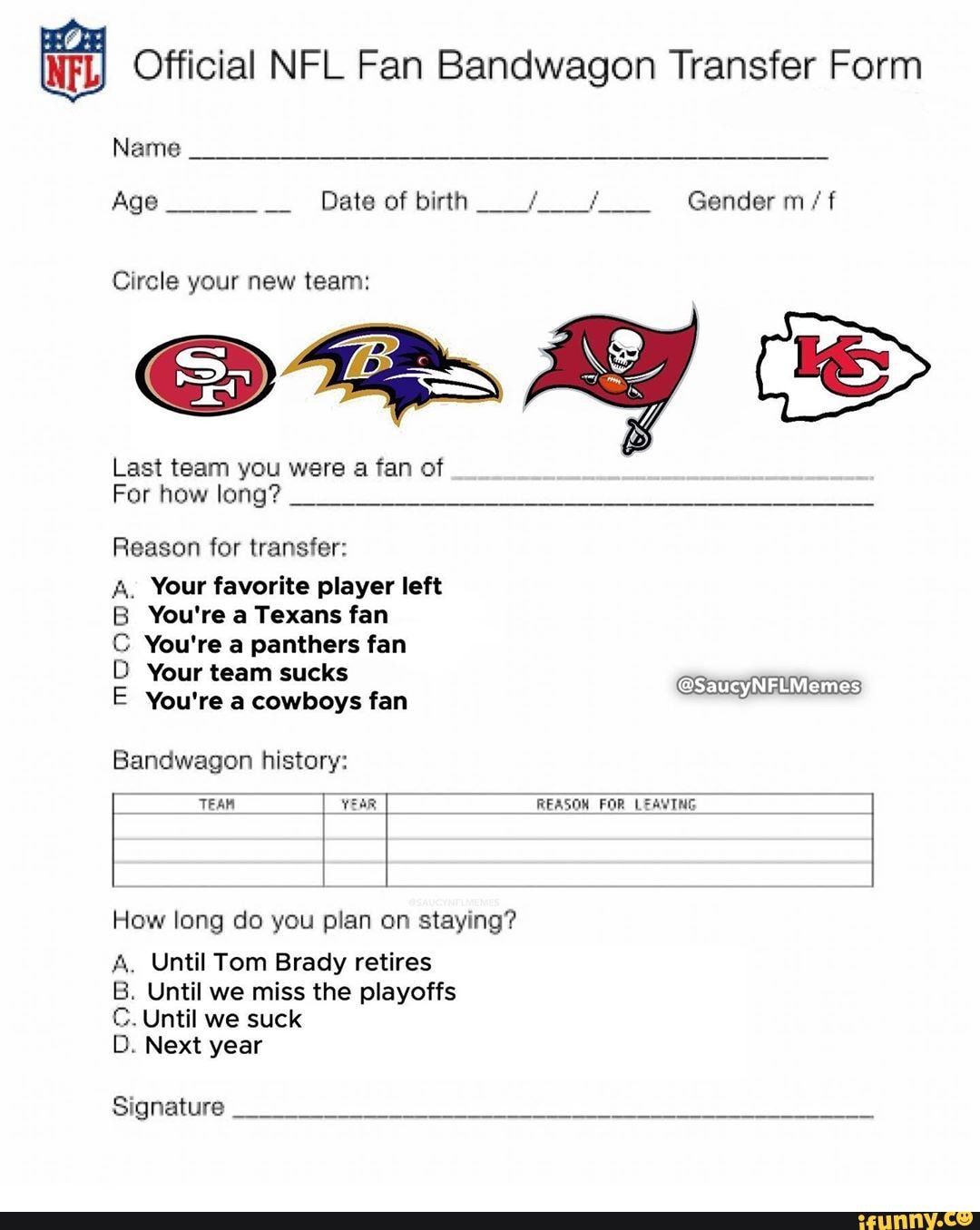 Nfl Bandwagon Form - Fill Online, Printable, Fillable, Blank