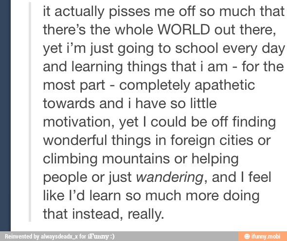 it actually pisses me off so much that
there's the whole WORLD out there,
yet i'm just going to school every day
and learning things that i am for the
most part completely apathetic
towards and i have so little
motivation, yet I could be off finding
wonderful things in foreign cities or
climbing mountains or helping
people or just wandering, and I feel
like Pd learn so much more doing
that instead, really.