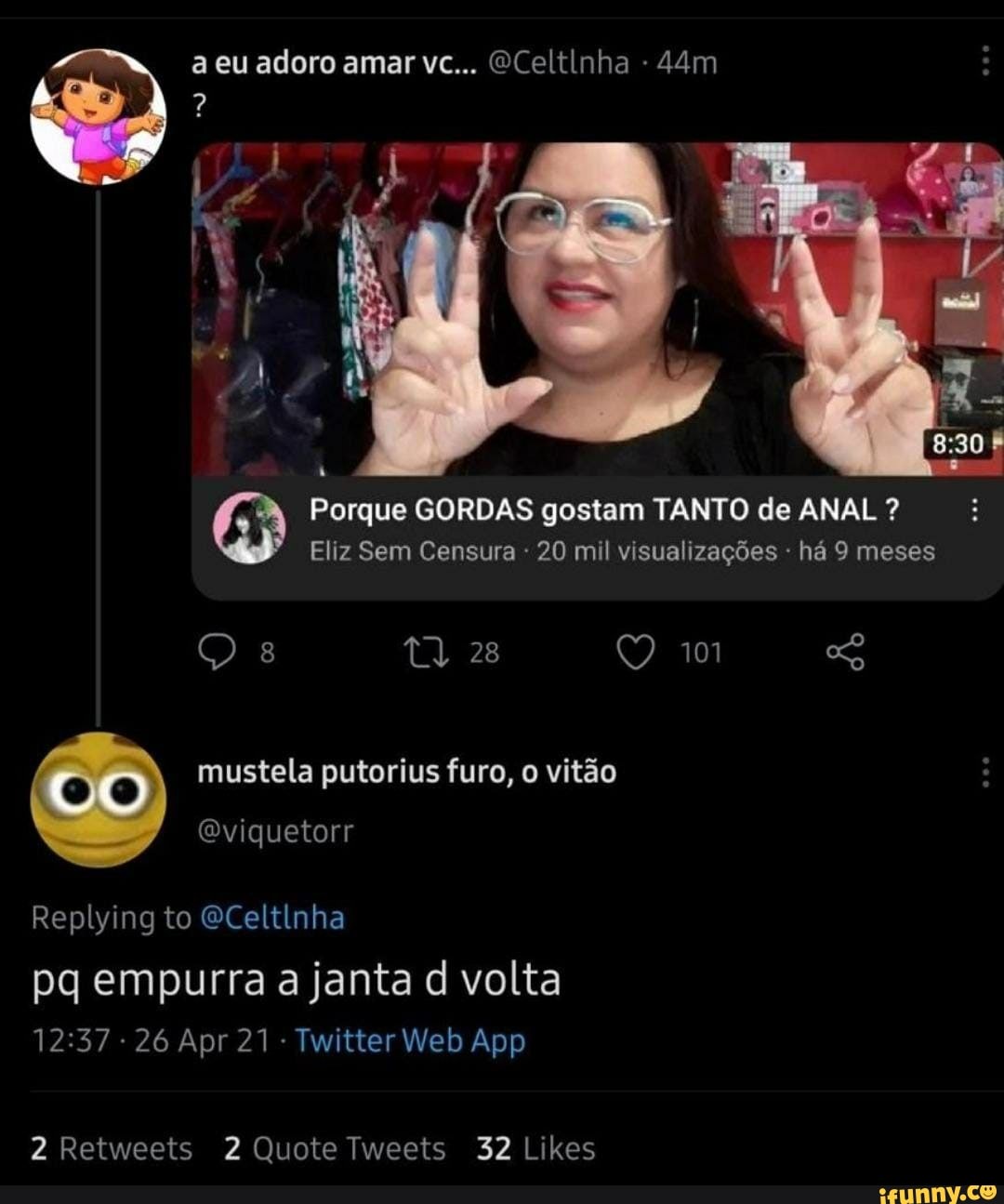 a eu adoro amar vc... GCeltinha -
Porque GORDAS gostam TANTO de ANAL ?
Eliz Sem Censura : 20 mil visualizações - há 9 meses
O 8 28 101 mustela putorius furo, o vitão
Eviquetorr
Replying to ECeltinha
pq empurra a janta d volta