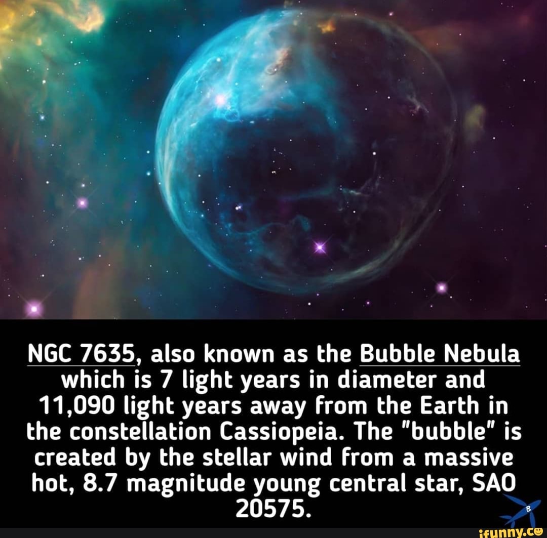 NGC 7635, also known as the Bubble Nebula which is 7 light years in diameter and
11,090 light years away from the Earth in the constellation Cassiopeia. The "bubble" is created by the stellar wind from a massive hot, 8.7 magnitude young central star, SAO
20575.