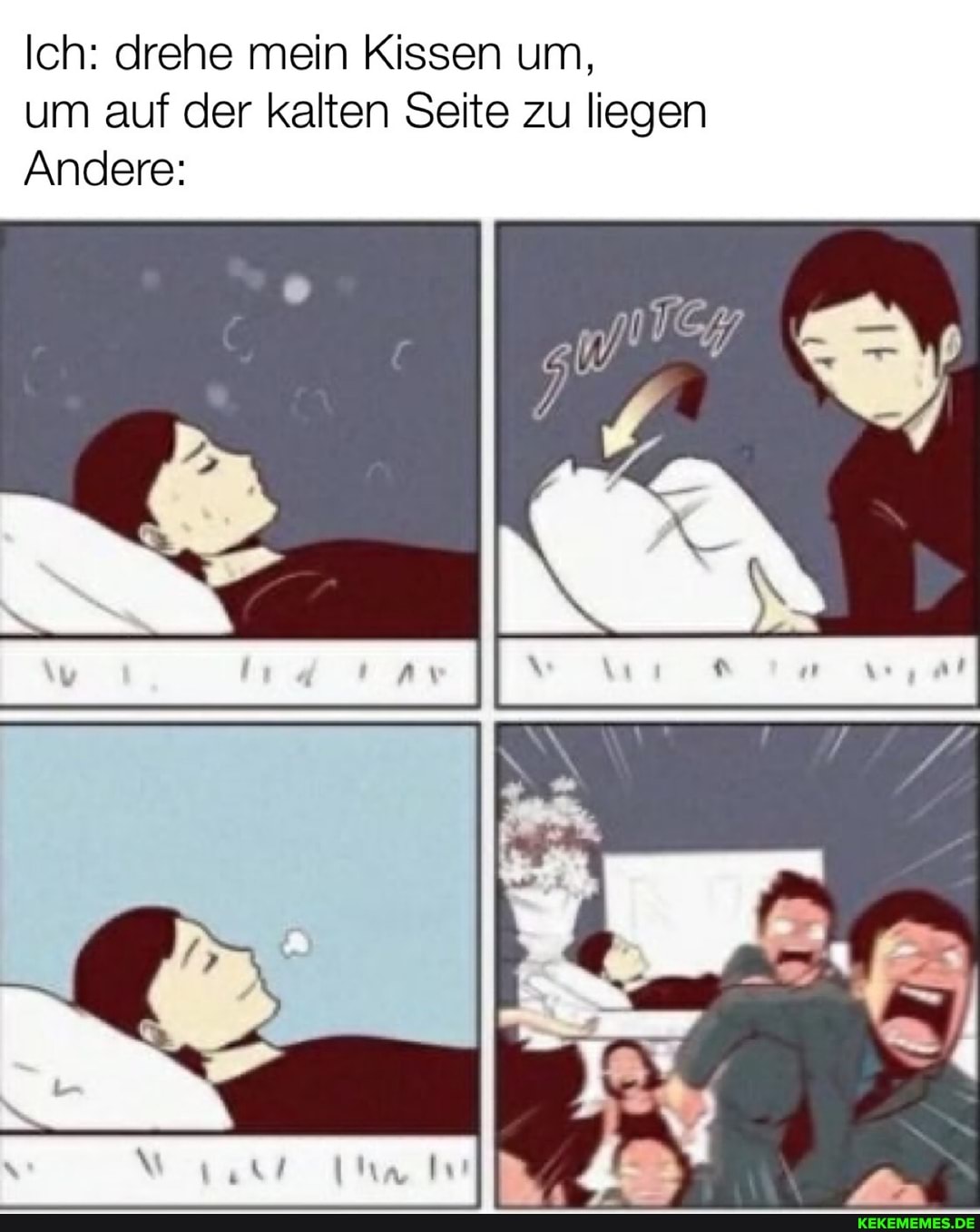 Ich: drehe mein Kissen um, um auf der kalten Seite zu liegen
Andere:
IN