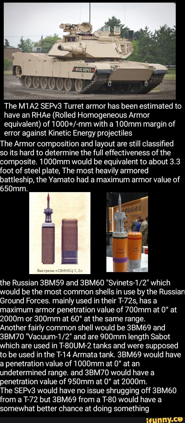 The M1A2 SEPv3 Turret armor has been estimated to have an RHAe (Rolled