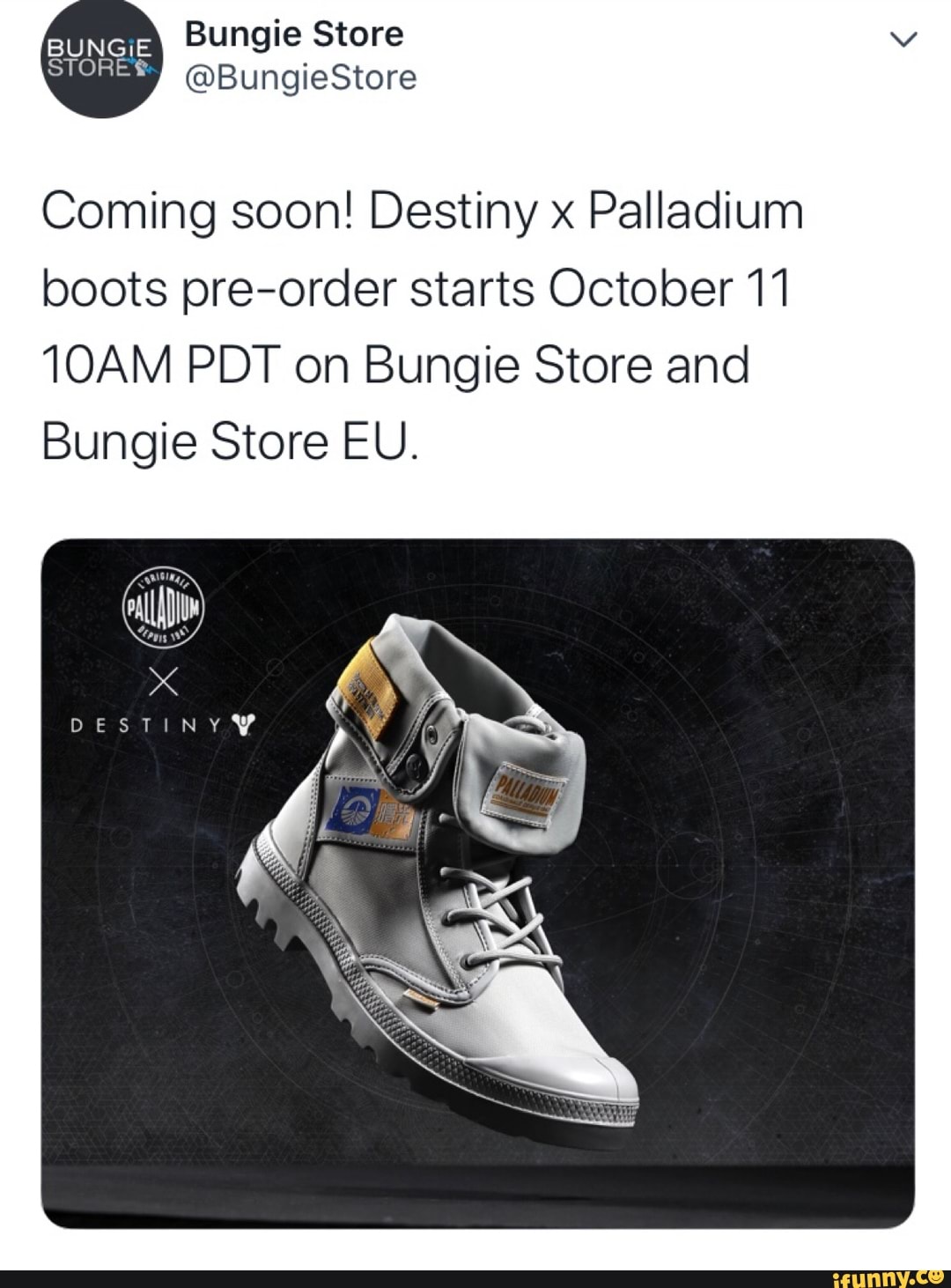 Coming soon! Destiny x Palladium boots preorder starts October 11 10AM