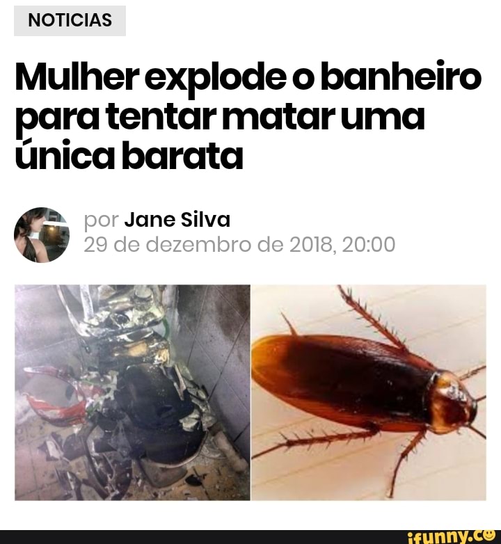 Mulher explode o banheiro
para tentar matar uma
unica barata
por Jane Silva
¥ 29 de dezembro de 2018, 20:00