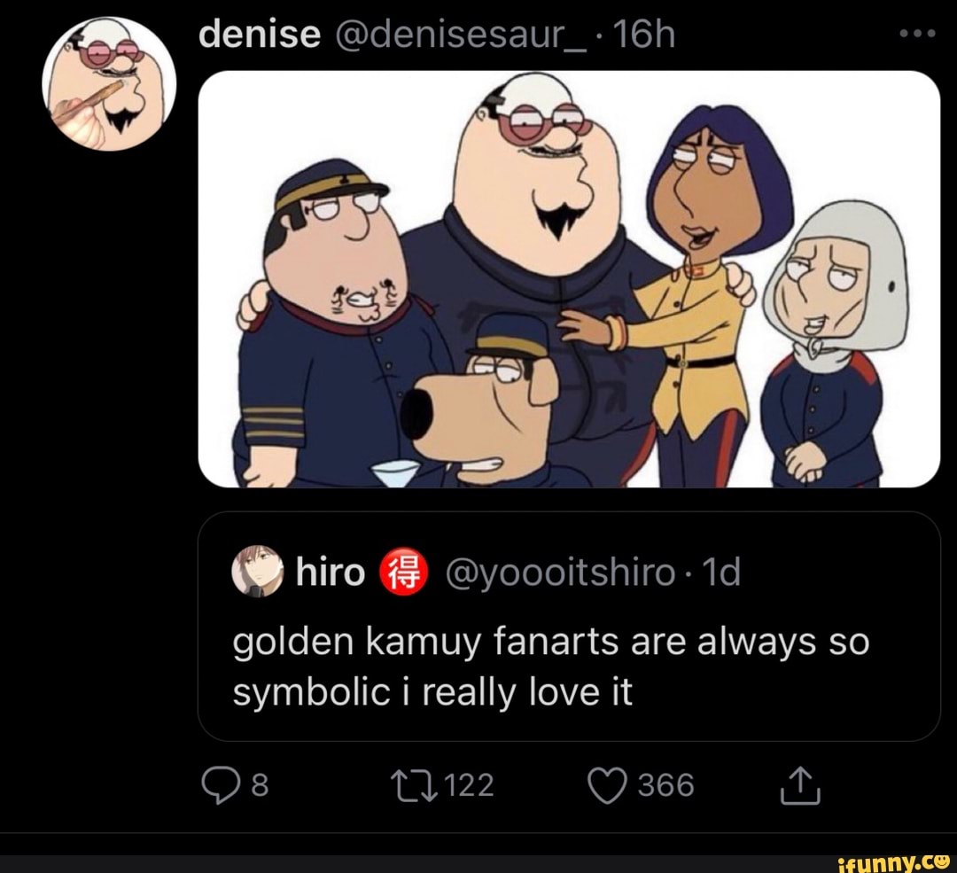 denise @denisesaur_-
hiro @yoooitshiro
golden kamuy fanarts are always so symbolic really love it
Os 122 366