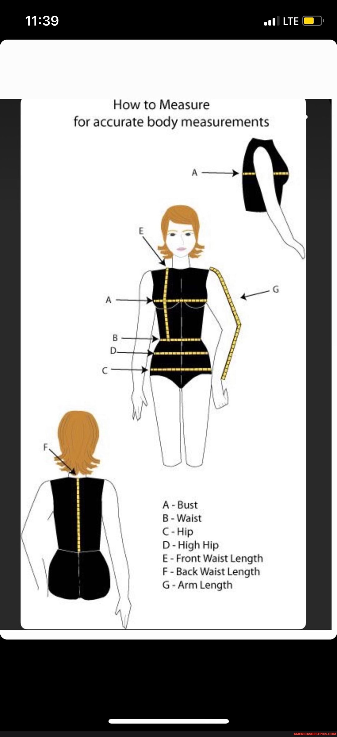 LTE How to Measure for accurate body measurements Bust Waist Hip High Hip Front Waist