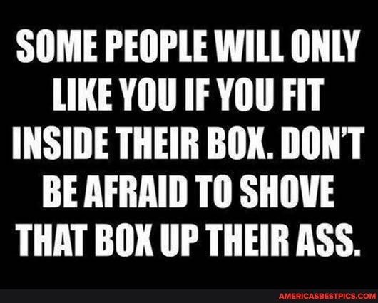 SOME PEOPLE WILL ONLY LIKE YOU IF YOU FIT INSIDE THEIR BOX. DON'T BE AFRAID TO SHOVE THAT BOX UP THEIR ASS.