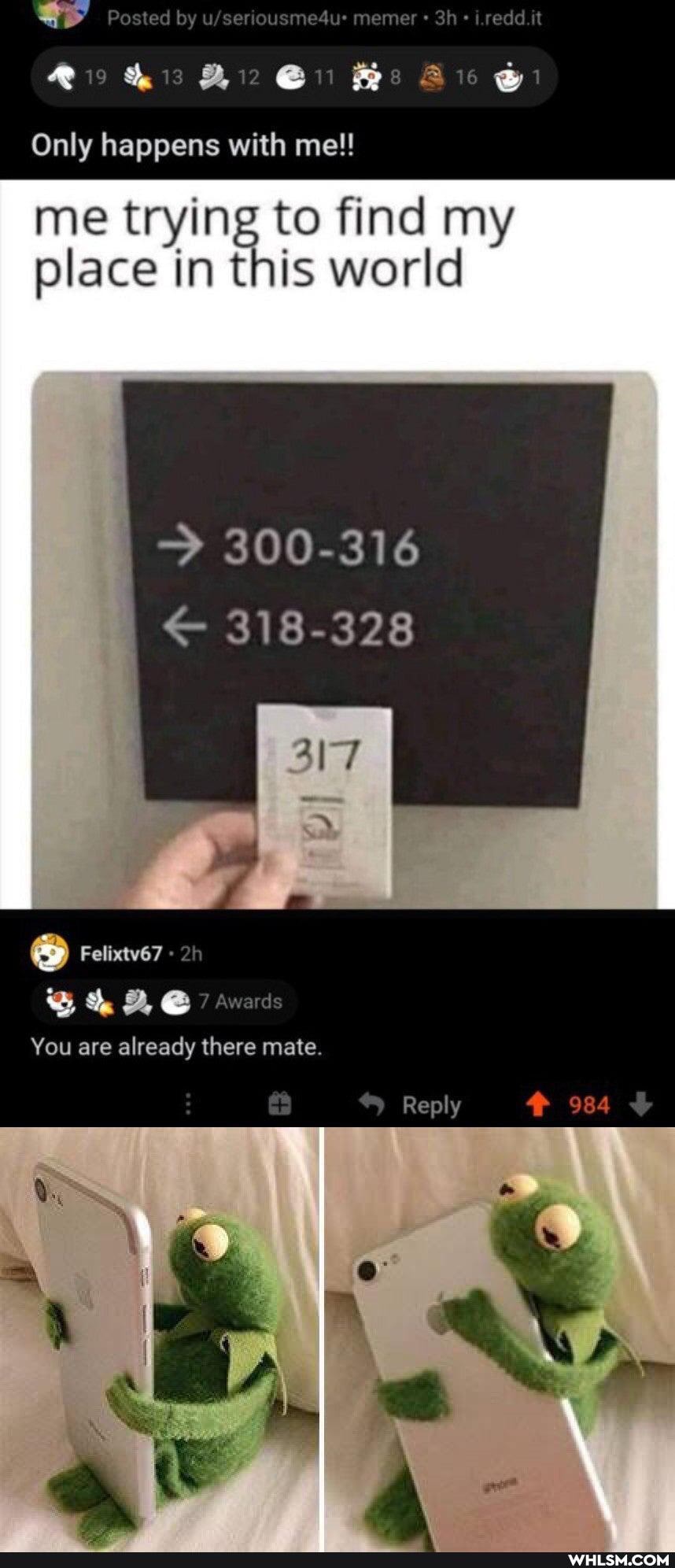 Posted by meme redd it
19 Si Hs Are @i
Only happens with me!!
me trying to find my place in this world
300-316
318-328
Sane
awards
Reply 984
You are already there mate.