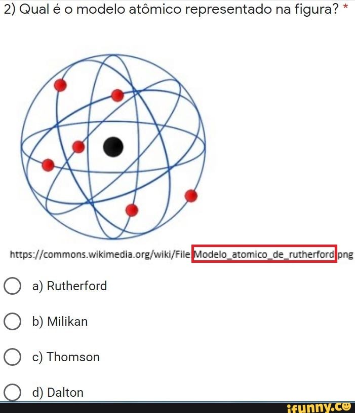 2) Qual é o modelo atômico representado na figura? *
es mea rt
(O a) Rutherford
O Thomson
d) Dalton