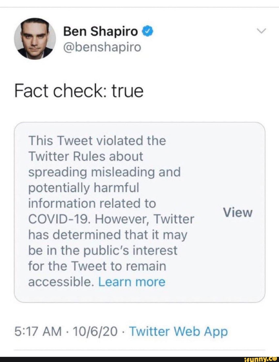 Ben Shapiro benshapiro Fact check true This Tweet violated the