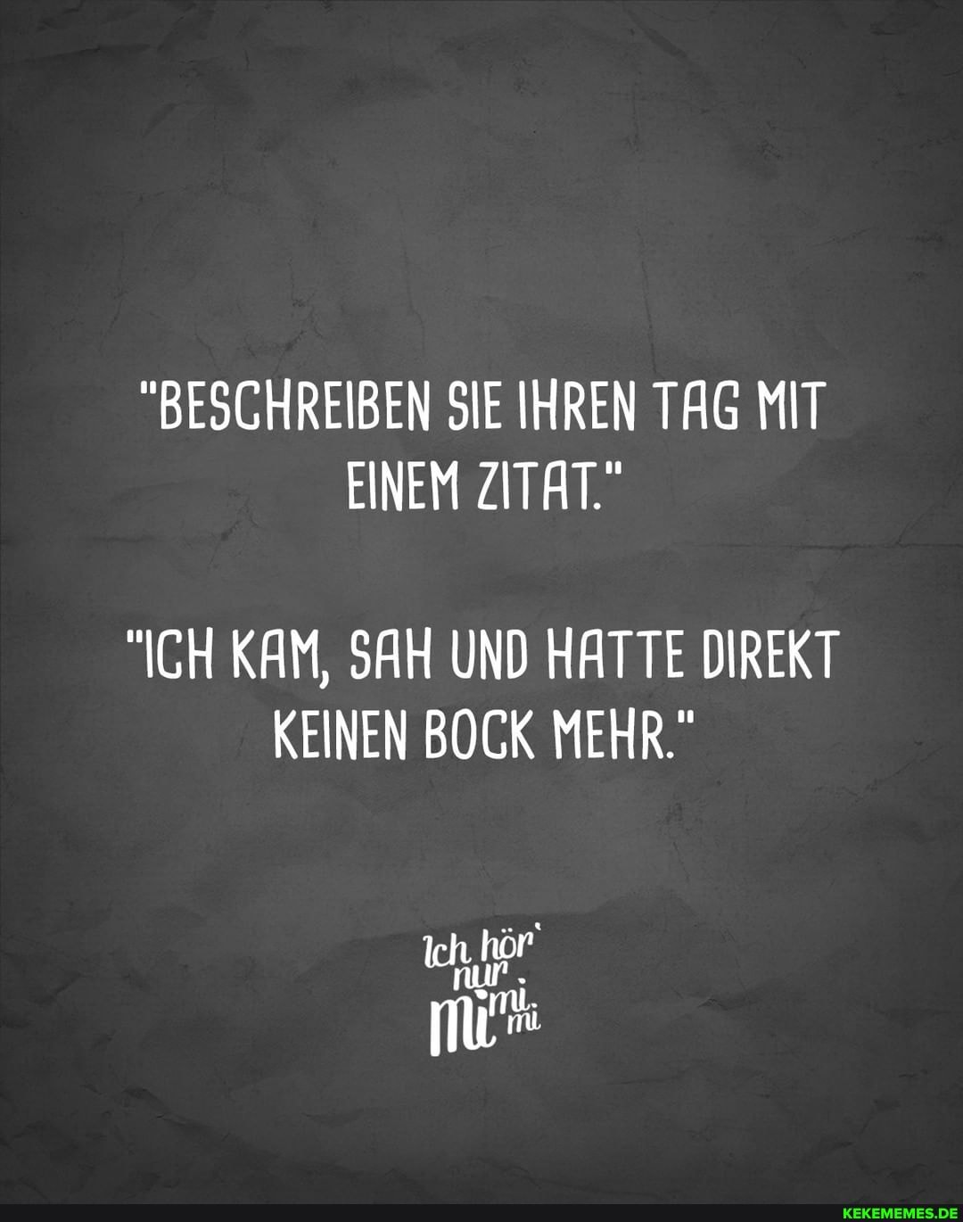 "BESCHREIBEN SIE IHREN TAG MIT EINEM ZITAT."
"ICH KAM, SAH UND HATTE DIREKT KEINEN BOCK MEHR."
nur