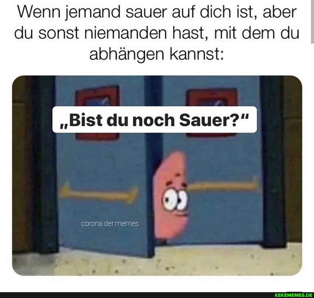Wenn jemand sauer auf dich ist, aber du sonst niemanden hast, mit dem du abhängen kannst:
"Bist du noch Sauer?" I
der memes