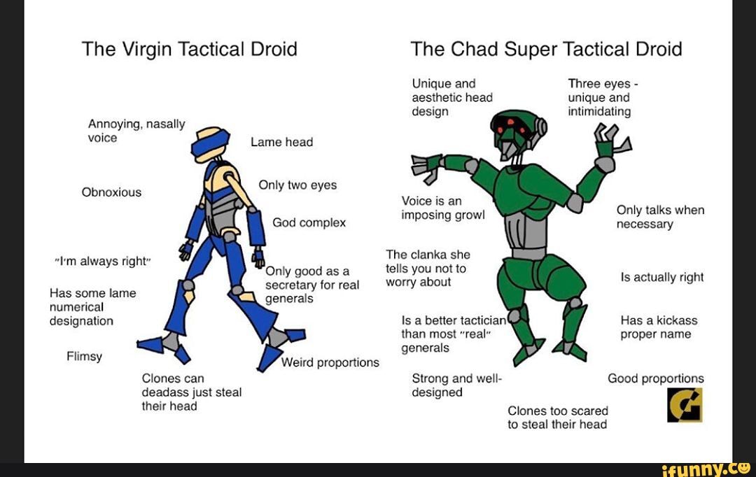 The Virgin Tactical Droid The Chad Super Tactical Droid Unique And Three Eyes Aesthetic Head Unique