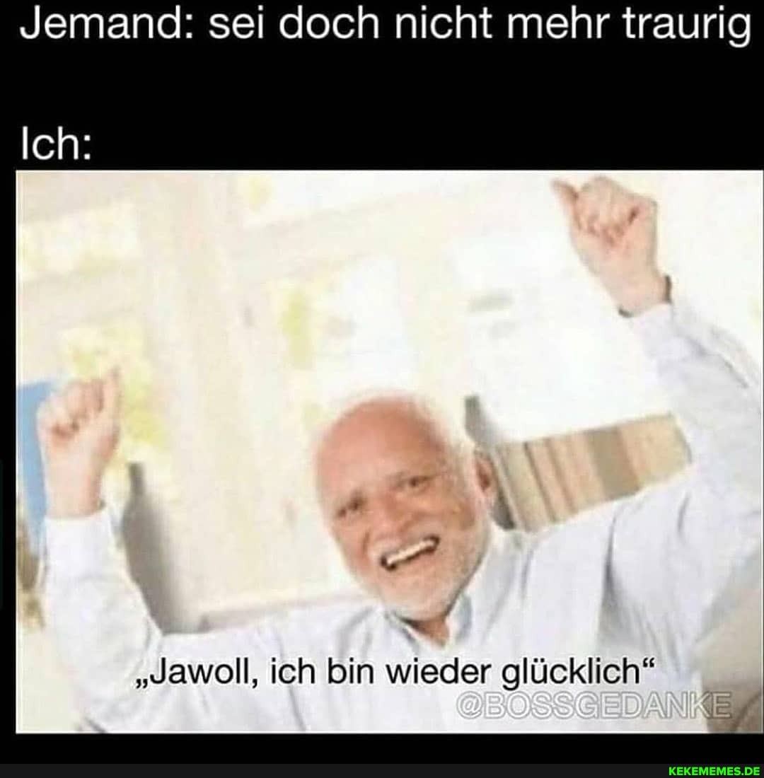 Jemand: sei doch nicht mehr traurig
Ich:
"Jawoll, ich bin wieder glücklich"
GEOSSGEDANKE