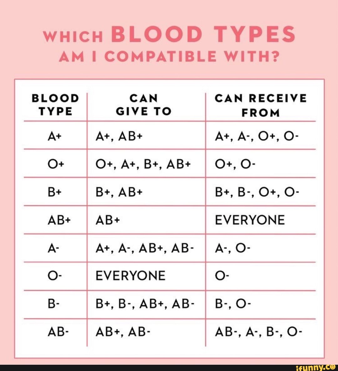 WHICH BLOOD TYPES AM COMPATIBLE WITH? BLOOD CAN CAN RECEIVE TYPE GIVE