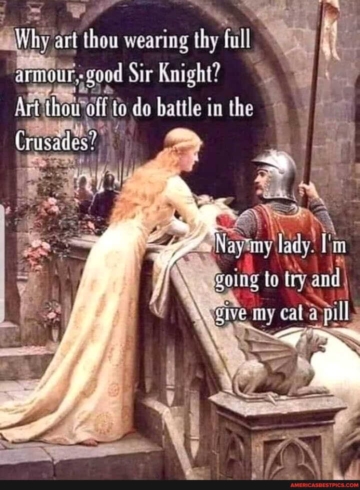 Why art thou wearing thy full
;good Sir Knight?
Art thou of to do battle in the
to try
cal all