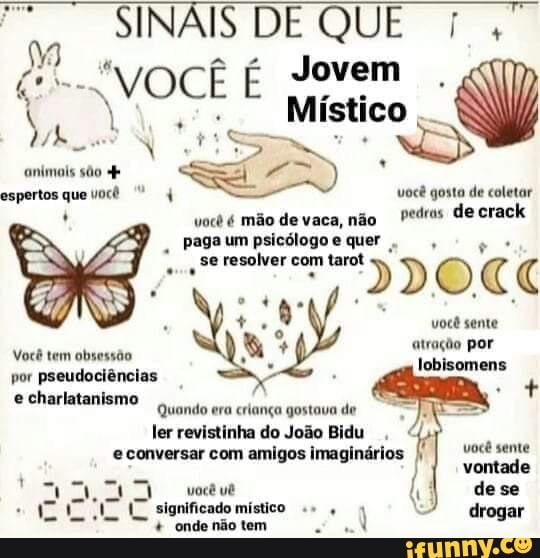 SINAIS DE QUE Jovem
VOCÊ É É Místico
animais são espertos que uocê você mão de vaca, não você gosta de de coletar crack
você é mão de vaca, não pettos de crack pagaum psicólogo e quer
O "
você sente atração por lobisomens
Você tem obsessão por pseudociências
Quando era criança gostava de ler revistinha do João Bidu econversar com amigos imaginários I vontade dese drogar você uê
+ onde não tem