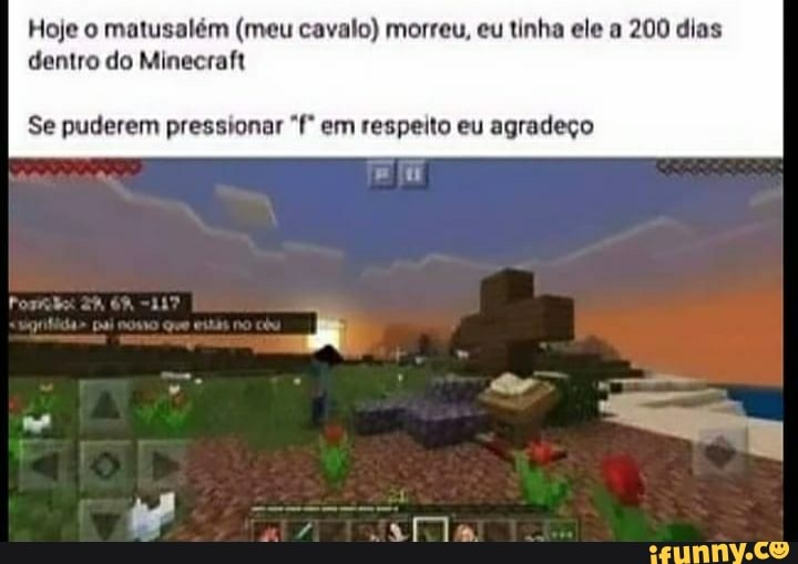 Hoje o matusalém (meu cavalo) morreu, eu tinha ele a 200 dias dentro do Minecraft
Se puderem pressionar em respeito eu agradeço