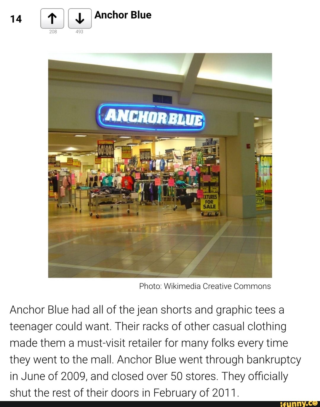 Photo: Wikimedia Creative Commons
Anchor Blue had all of the jean shorts and graphic tees a
teenager could want. Their racks of other casual clothing
made them a must-visit retailer for many folks every time
they went to the mall. Anchor Blue went through bankruptcy
in June of 2009, and closed over 50 stores. They officially
shut the rest of their doors in February of 2011.