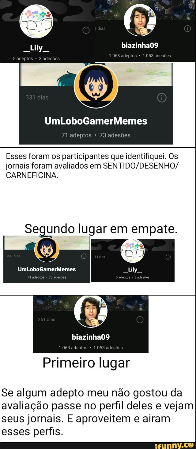 71 adeptos 73
adesões
Esses foram os participantes que identifiquei. Os
jornais foram avaliados em SENTIDO/DESENHO/
CARNEFICINA.
Segundo lugar em empate.
Se algum adepto meu nao gostou da