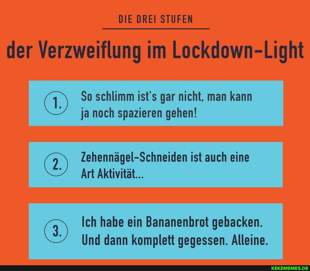 DIE DREI STUFEN
der im
So schlimm ist's gar nicht, man kann ja noch spazieren gehen!
Zehennägel-Schneiden ist auch eine
Art Aktivität...
Ich habe ein Bananenbrot gebacken.
Und dann komplett gegessen. Alleine.