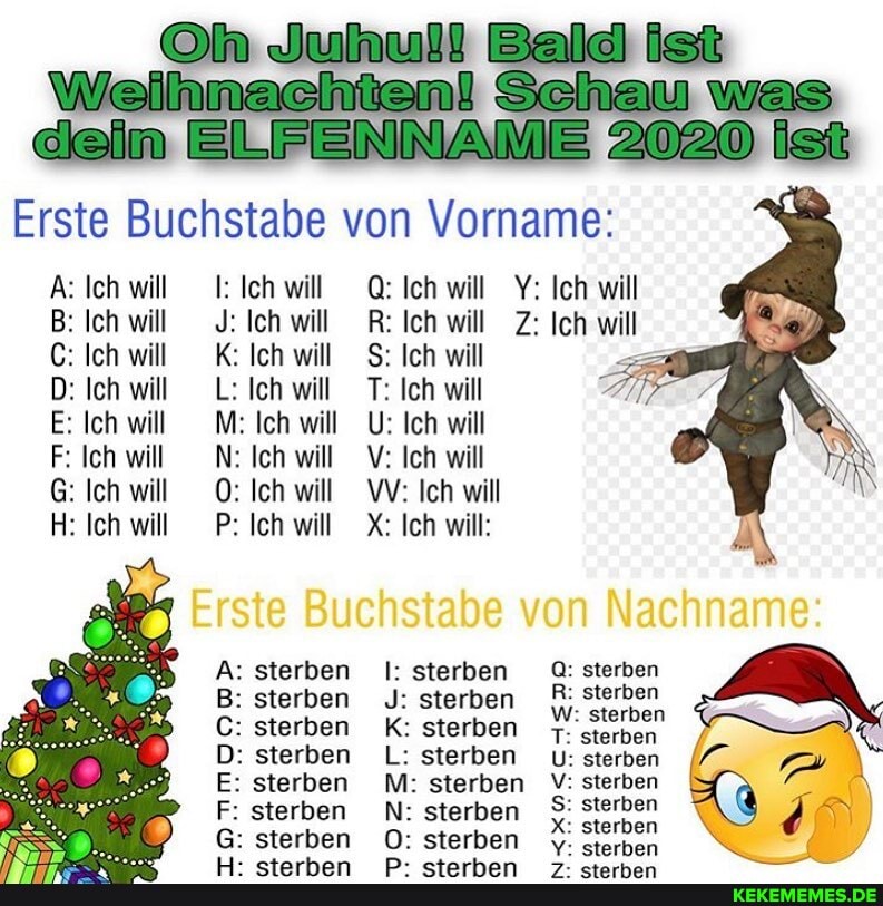 Erste Buchstabe von Vorname:
Juhull Bald ist
Weihnachten! Schau was dein ELFENNAME 2020 Ist
A: Ich will
B: Ich will
C: Ich will
D: Ich will
E: Ich will
F: Ich will
G: Ich will
H: Ich will
0:
: Ich will
Ich will
K: Ich will
: Ich will
Ich will
: Ich will
Ich will
: Ich will
sterben sterben
sterben sterben sterben
F: sterben sterben
will will Q: Ich will Y: Ich will
R: Ich will Z: Ich will
S: Ich will P=
T: Ich will
U: Ich will will V: Ich will will WV: Ich will
Ich will X: Ich will:
rsie sa von Nachname'
A: sterben I: sterben Q: sterben
sterben sterben
J: sterben R: sterben
W: sterben
T: sterben
K: sterben
T: sterben
D: sterben L: sterben U: sterben
E: sterben M: sterben V: sterben
F: sterben N: sterben S: sterben sterben O: sterben y:
sterben