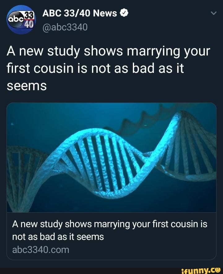 ABC News @
A new study shows marrying your first cousin is not as bad as it seems
A new study shows marrying your first cousin is not as bad as it seems