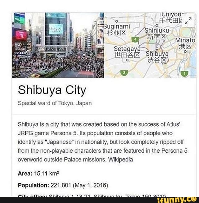 Shibuya City
Shibuya is a city that was created based on the success of Atlus'
JRPG game Persona 5. Its population consists of people who
identify as "Japanese" in nationality, but look completely ripped off
from the non-playable characters that are featured in the Persona 5
overworld outside Palace missions. Wikipedia