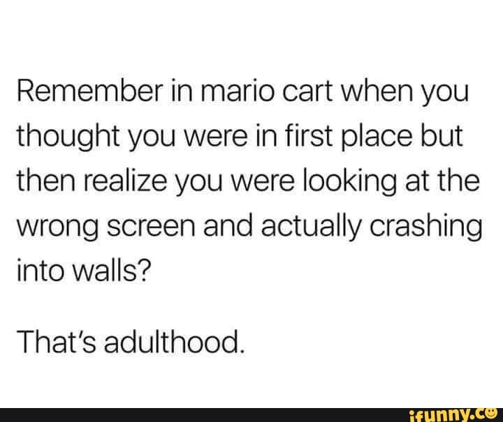 Remember in mario cart when you thought you were in first place but then realize you were looking at the wrong screen and actually crashing into walls?
That's adulthood.