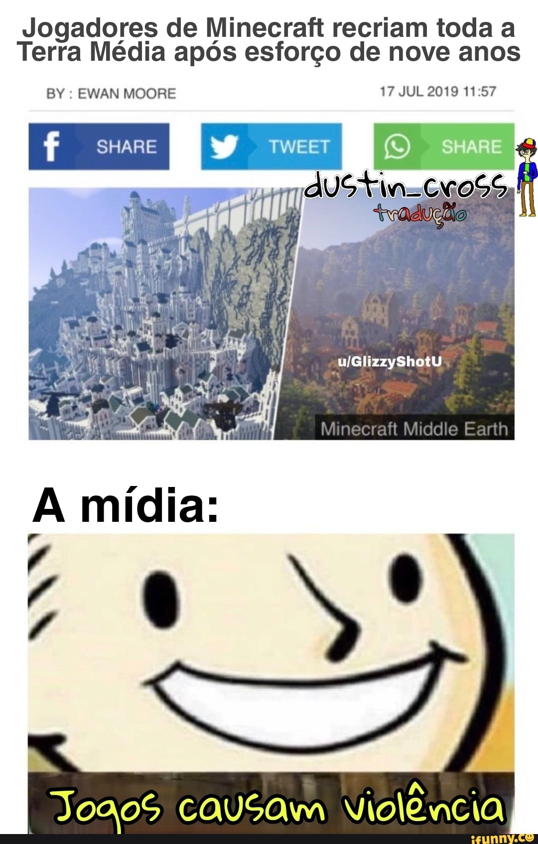 Jogadores de Minecraft recriam toda a
Terra Média após esforço de nove anos
BY EWAN MOORE 17 JUL 2019 11.57
SHARE
Minecraft Middle Earth
oS causam Violência