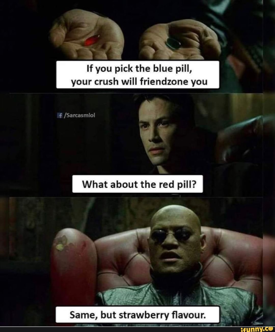 YE
a
4
If you pick the blue pill,
your crush will friendzone you
What about the red pill?
CAS SRY,
Same, but strawberry flavour.