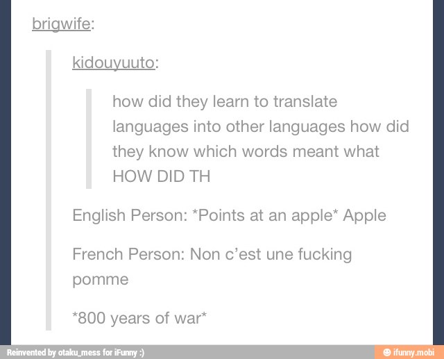 brigwife:
how did they learn to translate
languages into other languages how did
they know which words meant what
HOW DID TH
English Person: *Points at an apple* Apple
French Person: Non c'est une fucking
pomme