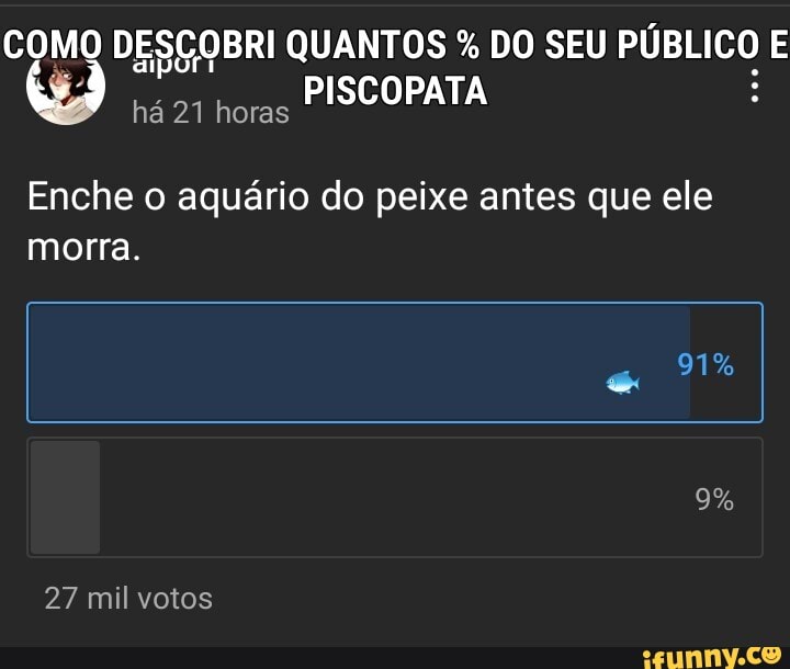 COMO DESCOBRI QUANTOS % DO SEU PÚBLICO E PISCOPATA á 21 horas
Enche o aquário do peixe antes que ele morra.
91%
9%
27 mil votos