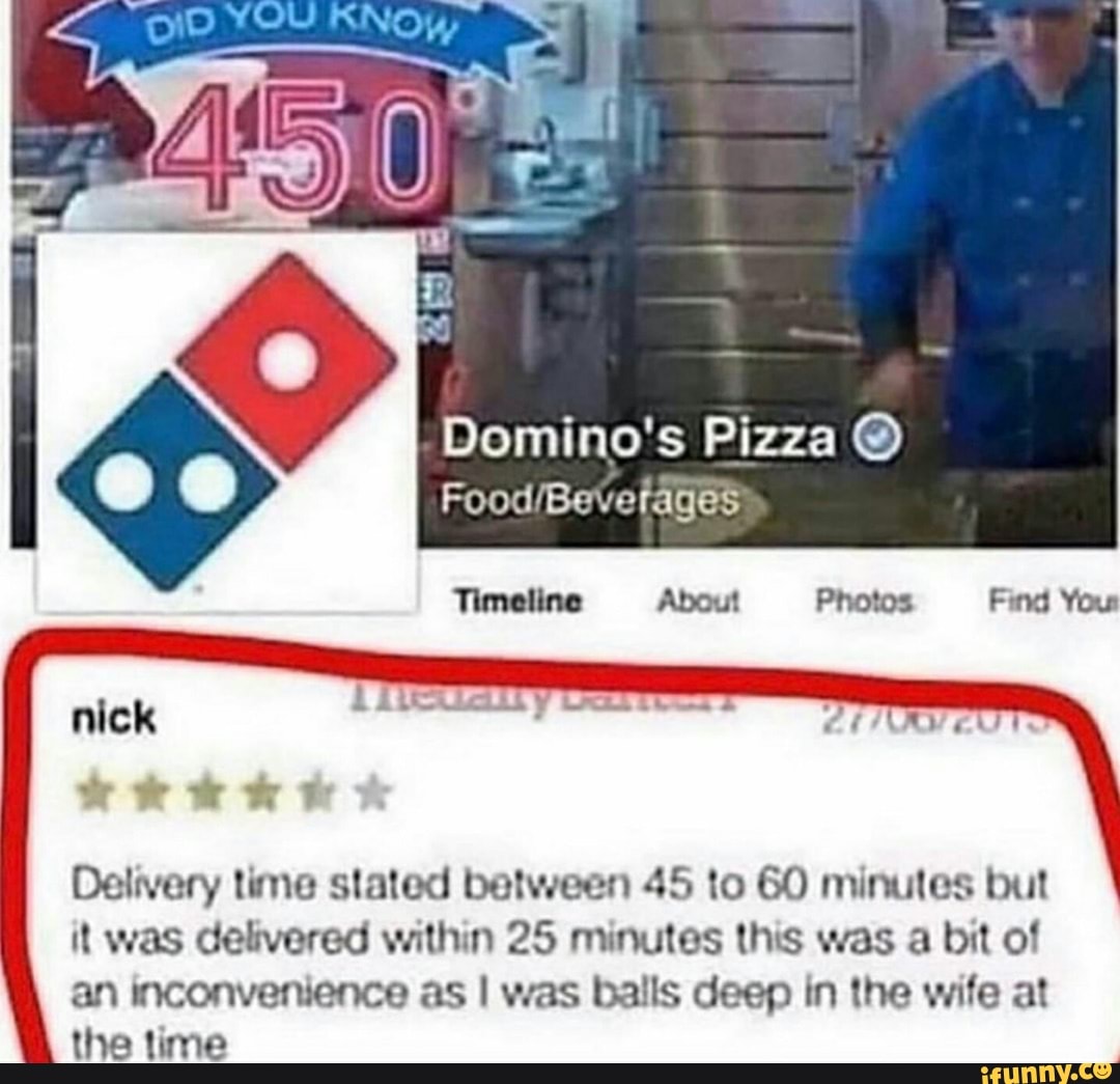 Domino's Pizza Food Beverages Timeline About Photos Find Your Delivery time stated between 45