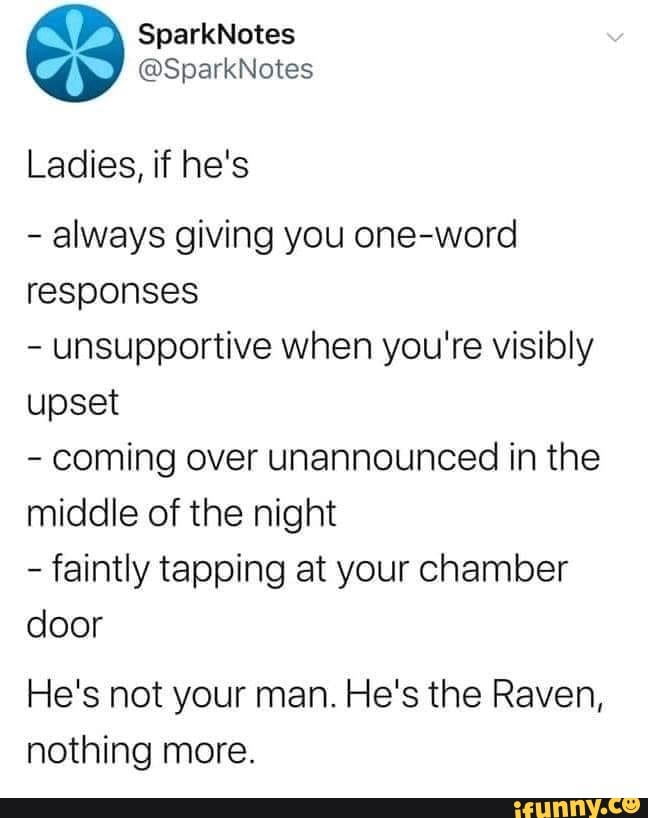 Ladies, if he's
always giving you one-word
responses
unsupportive when you're visibly
upset
coming over unannounced in the
middle of the night
faintly tapping at your chamber
door
He's not your man. He's the Raven,
nothing more.