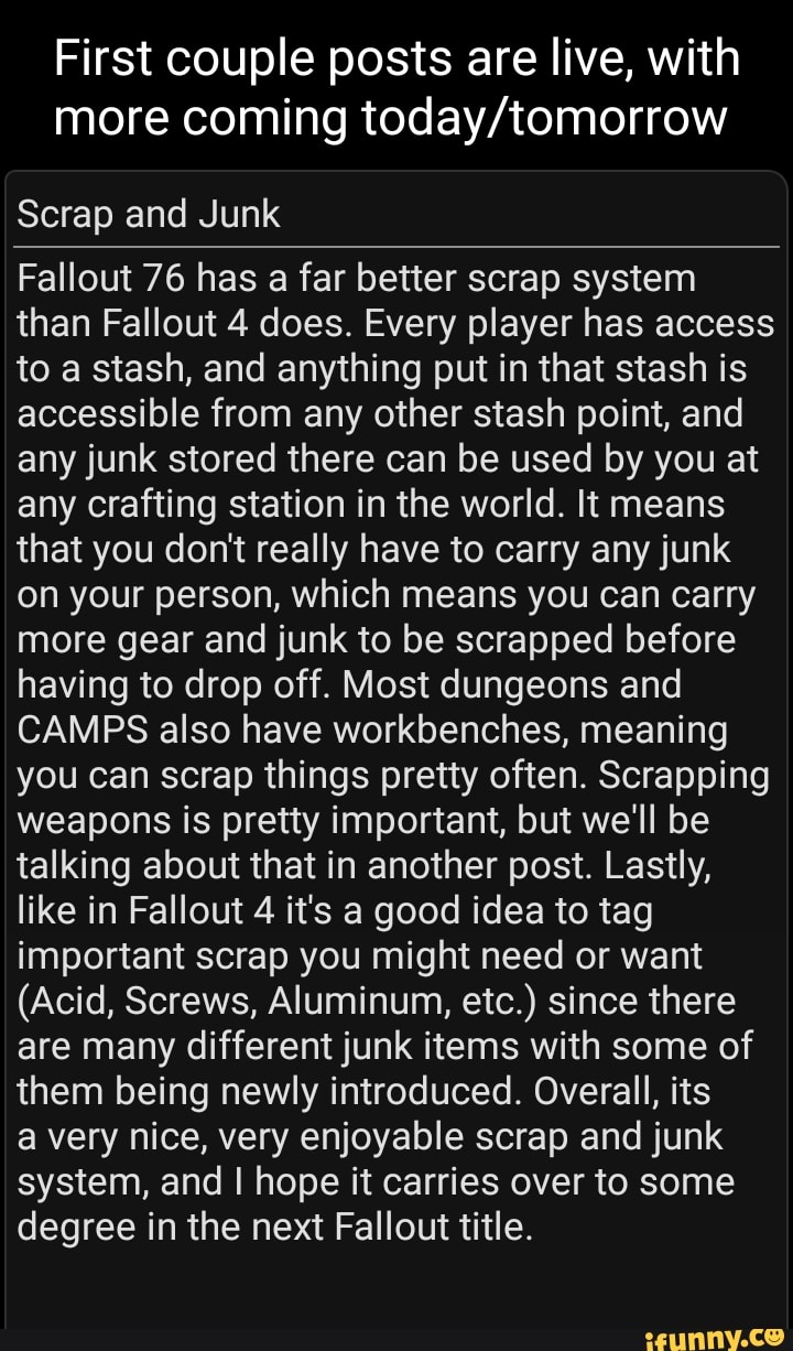 First couple posts are live, with more coming Scrap and Junk Fallout 76