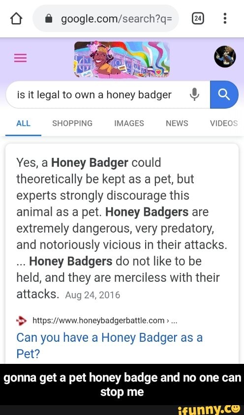 is it legal to own a honey badger Yo
O
Yes, a Honey Badger could
theoretically be kept as a pet, but
experts strongly discourage this
animal as a pet. Honey Badgers are
extremely dangerous, very predatory,
and notoriously vicious in their attacks.
Honey Badgers do not like to be
held, and they are merciless with their
attacks. Aug 24,2016
Can you have a Honey Badger as a
Pet?
gonna get a pet honey badge and no one can
stop me - gonna get a pet honey badge and no one can stop me