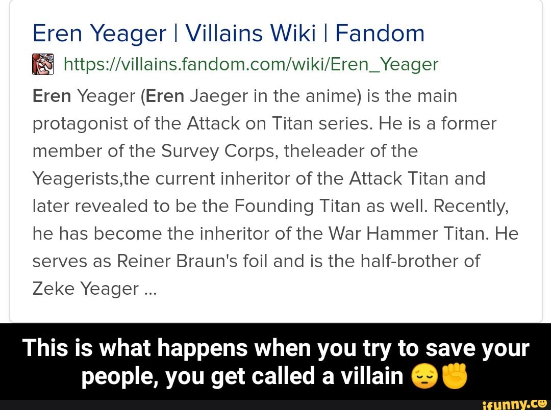 Eren Yeager I Villains Wiki I Fandom Yeager Eren Yeager (Eren Jaeger in