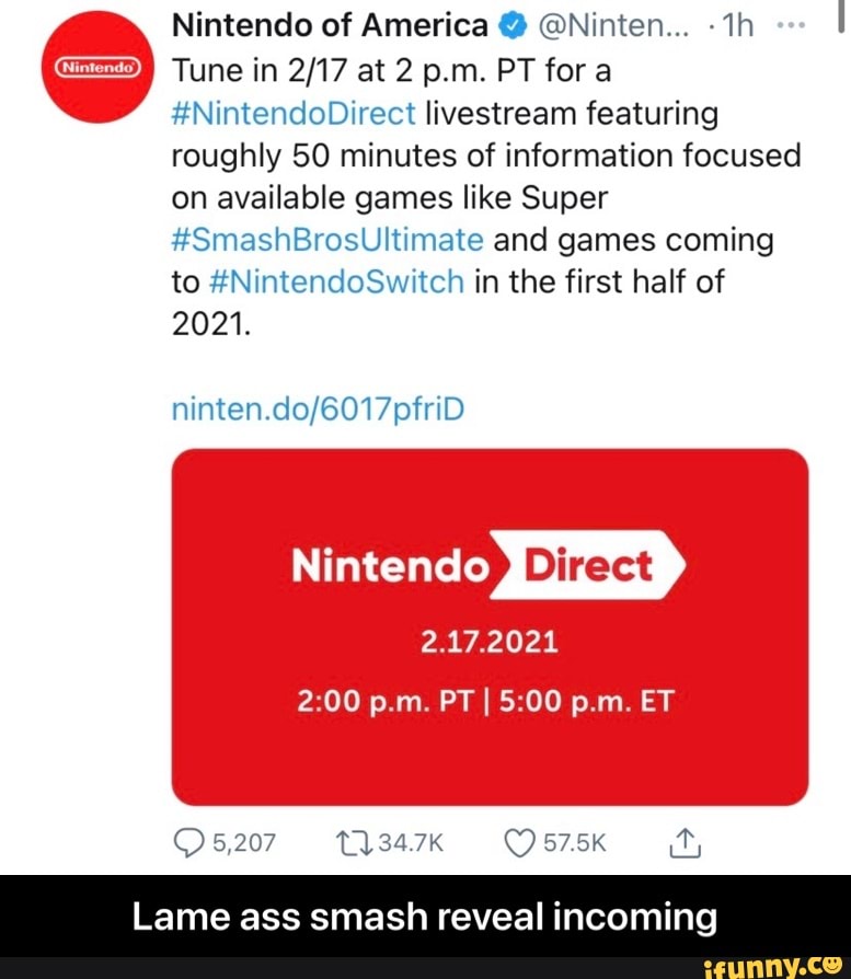 Nintendo Of America Ninten Th Tune In At 2 P M Pt Fora Nintendodirect Livestream Featuring Roughly So Minutes Of Information Focused On Available Games Like Super Smashbrosultimate And Games Coming To