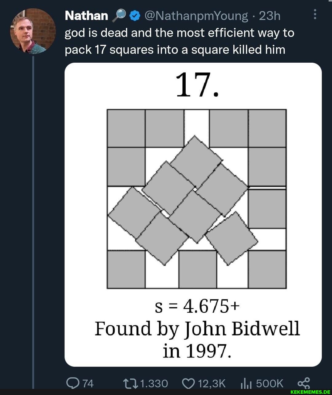 Nathan god is dead and the most efficient way to pack 17 squares into a square k